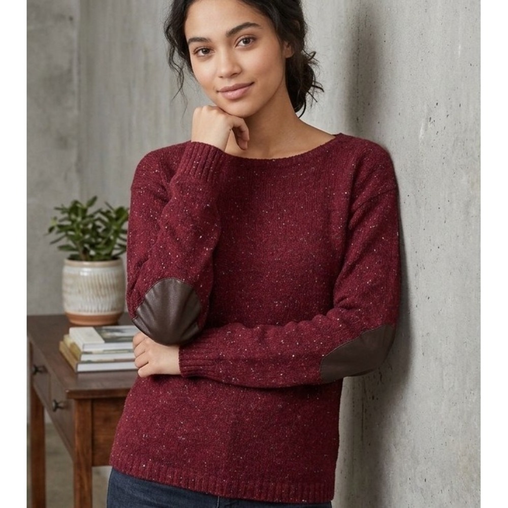 Garnet Hill S Burgundy Speckled Wool Alpaca Blend Sweater Elbow Patches